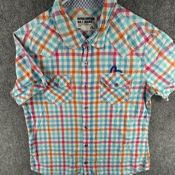 EVISU Short Sleeve Colorful Button Up Shirt Men Medium Large Embroidered Logo - Picture 1 of 14